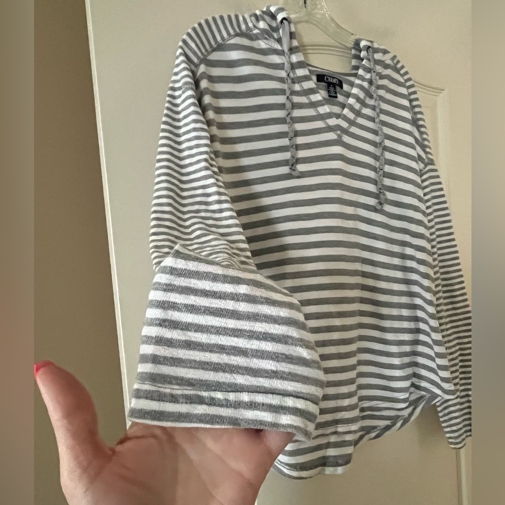 Chaps Gray and White Striped Cotton Hoodie Women’s Size Medium - Picture 7 of 16